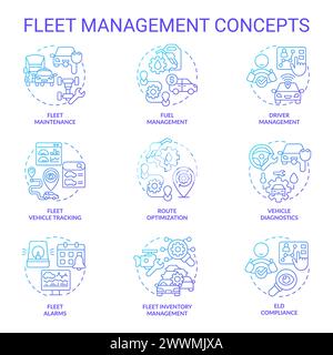 Fleet management blue gradient concept icons Stock Vector