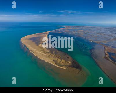 Aerial view of the  Fangar point and bay (Punta del Fangar and Badia del Fangar), in the Ebro delta (Tarragona, Catalonia, Spain) Stock Photo