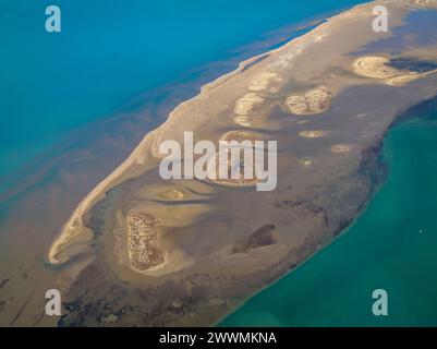 Aerial view of the  Fangar point and bay (Punta del Fangar and Badia del Fangar), in the Ebro delta (Tarragona, Catalonia, Spain) Stock Photo