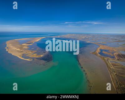 Aerial view of the  Fangar point and bay (Punta del Fangar and Badia del Fangar), in the Ebro delta (Tarragona, Catalonia, Spain) Stock Photo