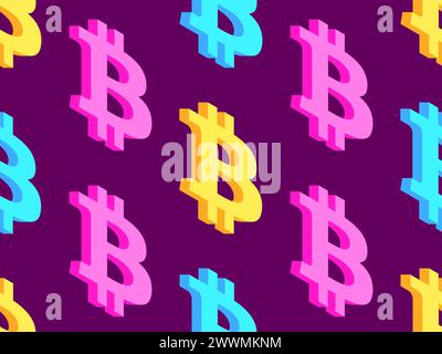 Seamless pattern with 3D Bitcoin symbol. Multicolored isometric Bitcoin symbol. Bitcoin cryptocurrency, crypto trading. Design of wallpapers, banners Stock Vector