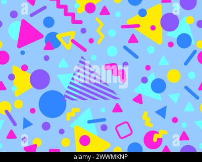 Memphis seamless pattern with geometric shapes in 80s and 90s style. Geometric shapes of different shapes and colors. Design of promotional products, Stock Vector