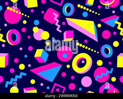 Geometric seamless pattern with 3D shapes in the style of the 80s and 90s. Isometric 3D shapes in Memphis style. Design of promotional products, wrapp Stock Vector