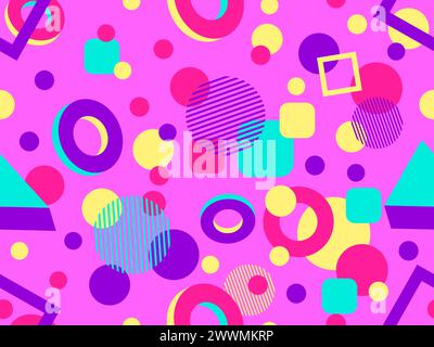 Geometric seamless pattern with 3D shapes in the style of the 80s and 90s. Isometric 3D shapes in Memphis style. Design of promotional products, wrapp Stock Vector