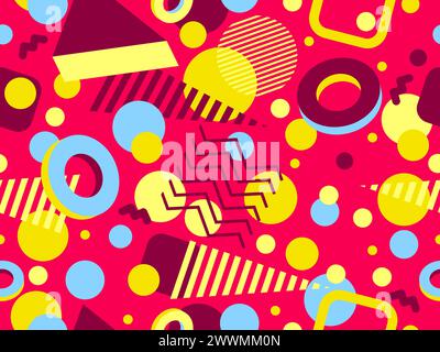 Geometric seamless pattern with 3D shapes in the style of the 80s and 90s. Isometric 3D shapes in Memphis style. Design of promotional products, wrapp Stock Vector