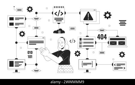Computer network black and white 2D illustration concept Stock Vector
