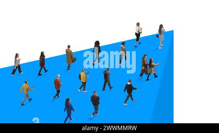 Contemporary art collage. Young, diverse small people, workers students go to blue edge. Career growth. Stock Photo
