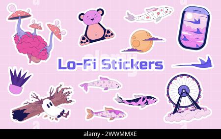 Surreal fantasy cute stickers sheet Stock Vector