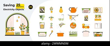 Conserving energy at household 2D linear cartoon objects bundle Stock Vector