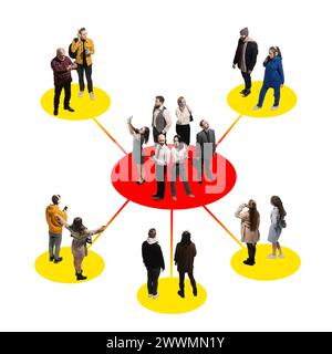 Contemporary art collage. Small people stands on colorful points and working in team. Connection in working process. Stock Photo