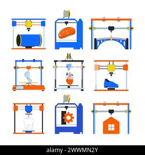 3D printed products and parts 2D linear cartoon objects set Stock Vector