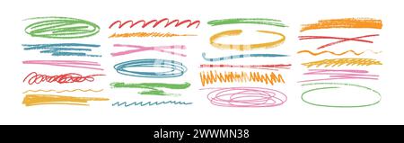 Colorful charcoal texture underline, squiggly lines, squiggles vector set. Pencil drawn stripes, scribbles, thin or rough strokes on white background. Grunge crayon emphasis and marker strikethroughs. Stock Vector