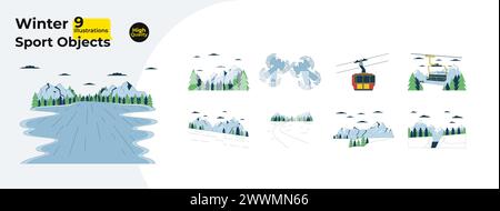 Resort winter season 2D linear cartoon objects bundle Stock Vector