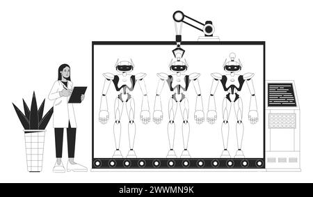 Robotics black and white 2D illustration concept Stock Vector