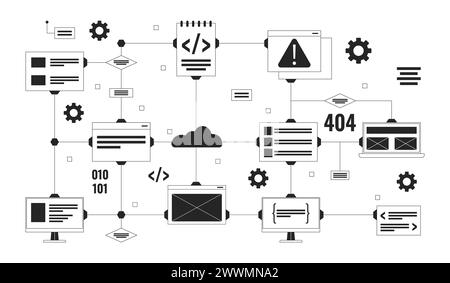 Computer network black and white 2D illustration concept Stock Vector