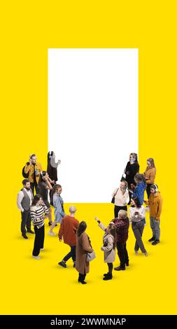 Contemporary art collage. Young small people, students and workers stands in front of white figure with copy space. Stock Photo