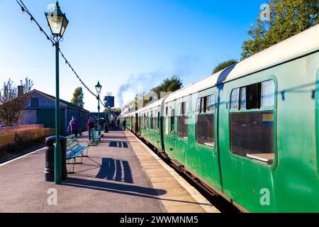 Swanage Railway steam train on the platform in Swanage Railway Station, Dorset, UK Stock Photo