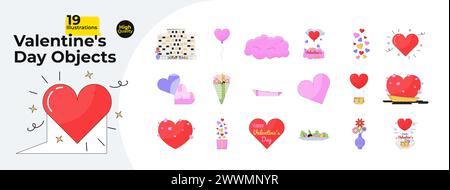 Romantic Valentines day 2D linear cartoon objects bundle Stock Vector