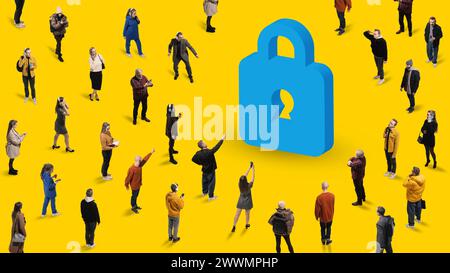 Contemporary art collage. Diverse group of people stands in front of large vibrant blue lock symbol against yellow background. Stock Photo