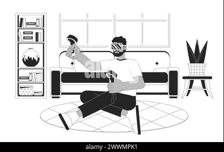 VR gaming black and white cartoon flat illustration Stock Vector