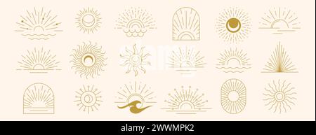 Vector set of linear boho moon, sunset and light rays. Hand drawn sunburst, golden outline sun line art icons in minimal bohemian style. Mystic magic esoteric symbols, celestial logo design elements. Stock Vector