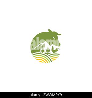 Farm Logo with cow and plantation illustration. Cow Icon Stock Vector