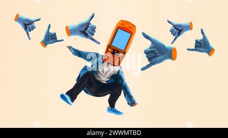 Person with phone head, surrounded by hands, signaling likes, communication concept. Contemporary art collage Stock Photo