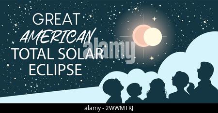 Great American total solar eclipse banner. People in glasses watching solar eclipse.  Stock Vector