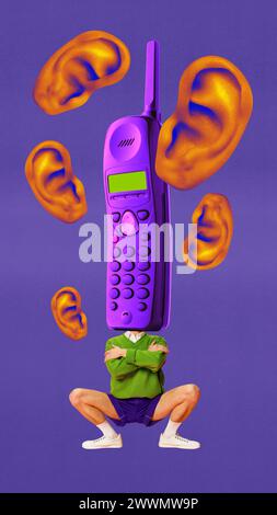 Person with cell phone head, ears floating, retro communication, surreal, purple hue, background. Contemporary art collage Stock Photo