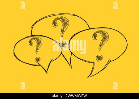 Question marks with speech bubble drawn on yellow background. Frequently asked questions Stock Photo