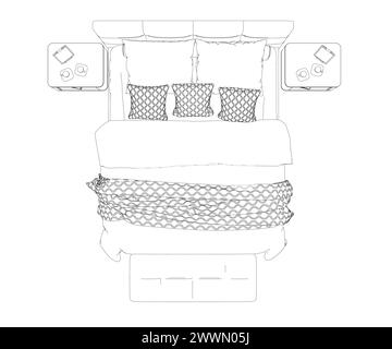 Hand drawn bed icon in vector. Outline of a sleeping bed with an unmade blanket and pillows from black lines isolated on a white background. View from Stock Vector
