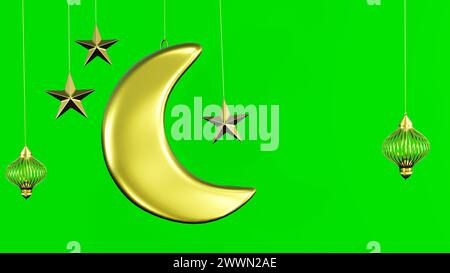 Islamic background with crescent moon, hanging stars and lanterns isolated on green screen background. Stock Photo