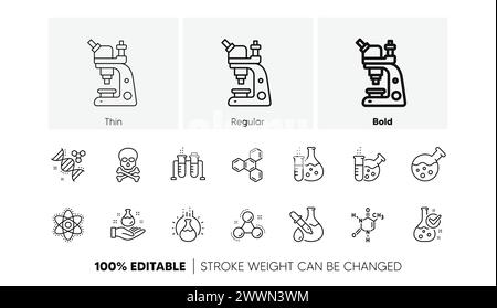 Chemistry lab line icons. Chemical formula, Microscope and Medical analysis. Linear set. Line icons. Vector Stock Vector