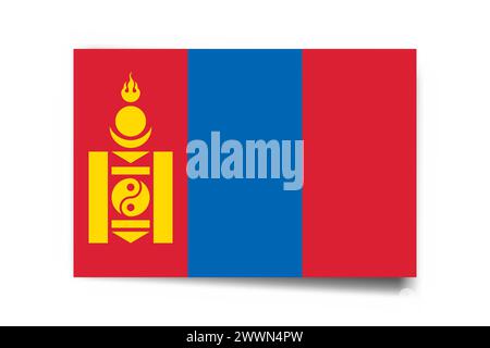 Mongolia flag - rectangle card with dropped shadow isolated on white background. Stock Vector