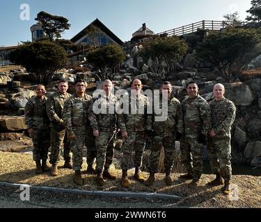 Sgt. Maj. of the Army Michael Weimer visits with Soldiers at Camp Walker in Daegu, South Korea, Feb. 10, 2024.  Army Stock Photo