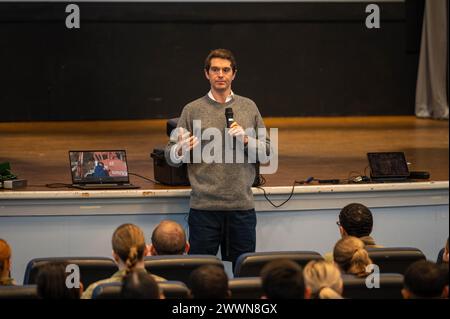 Benjamin Hall, a British-American field reporter for Fox News, addresses Airmen from the 48th Medical Group at RAF Lakenheath, England, Feb. 21, 2024. The Liberty Wing welcomed Benjamin Hall as he spoke about his prior experience with military medical professionals and the importance of what they do.  Air Force Stock Photo