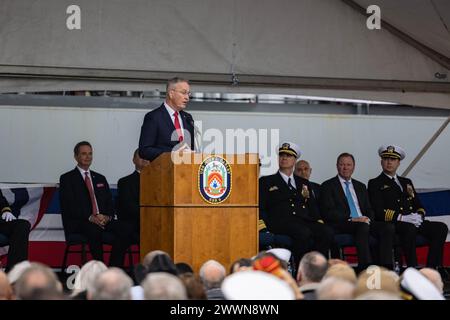 Retired U.S. Marine Corps Gen. Joseph Dunford, a former chairman of the Joint Chiefs of Staff and commandant of the Marine Corps, speaks during the commissioning ceremony for the expeditionary sea base USS John L. Canley (ESB 6) at Naval Base Coronado, California, Feb. 17, 2024. The ship is named after Medal of Honor recipient John Lee Canley, a retired Marine Corps sergeant major and Vietnam War veteran.  Marine Corps Stock Photo