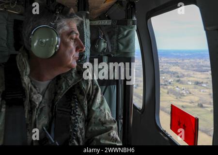 Admiral Jaime Vela Erazo, Chief of the Joint Command of the Armed Forces look out the window of the UH-60 Black Hawk during the windshield tour of the 2022 flooding areas in eastern Kentucky as part of the Key Leader Engagement Feb 1, 2024. During the four-day visit that was part of the National Guard's State Partnership Program, the Ecuadorians visited multiple locations in Frankfort and Louisville, they participated in capability briefings by the Kentucky Army National Guard and Kentucky Emergency Management, toured the capitol, and had a highlight visit with Governor Andy Beshear.  Army Nat Stock Photo
