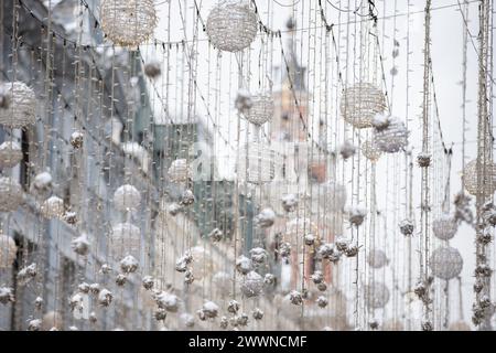 Winter Christmas light decoration on Nikolskaya street. Stock Photo
