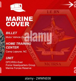 Social media graphic created to highlight Reserve Marines that have been selected as a Renowned Reservist, Marine Corps Support Facility, New Orleans, LA, Feb. 8, 2024. Sgt. Bobby Philips, Texas native and motor vehicle operator with Deployment Processing Command - Reserve Support Unit East, Force Headquarters Group, and fire captain with the Columbia-Richland Fire Department, Columbia, SC, was awarded the Columbia-Richland Fire Department Medal of Honor, for the courageous actions he took, braving life-threatening conditions in the line of duty to save lives during a three-alarm fire at an ap Stock Photo