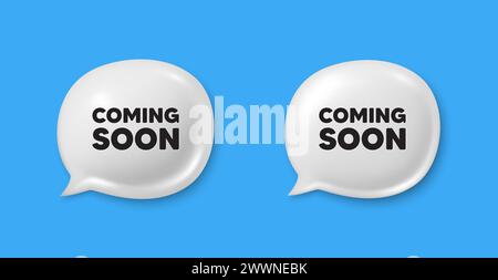 Coming soon tag. Chat speech bubble 3d icons. Promotion banner sign. New product release symbol. Coming soon chat offer. Speech bubble banners set. Te Stock Vector