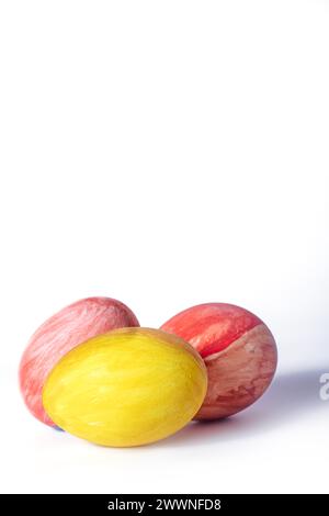 Colorful Easter eggs isolated on a white background with copy space for text. Easter decoration. Happy Easter. Stock Photo