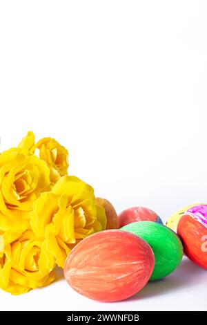Colorful easter eggs and yellow tulips isolated on white background. Easter concept. Stock Photo