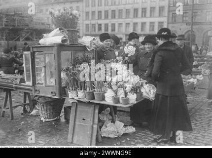 Market square 1918. Hötorget in central Stockholm with a market stall that is well filled with flowers for the upcoming Easter weekend. Daffodils, tulips and poinsettias visible in a basket at the top. A woman in a black jacket and skirt stands and buys a bouquet. Stock Photo