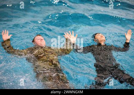 The 2nd Infantry Division/ROK-U.S. Combined Division hosts cadets from the Korean Military Academy to receive water survival training Feb. 23, 2024 on Camp Humphreys, South Korea. The cadets received the training in preparation for the upcoming Sandhurst Military Skills Competition hosted at West Point, New York.  Army Stock Photo