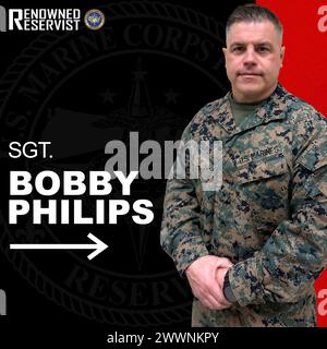 Social media graphic created to highlight Reserve Marines that have been selected as a Renowned Reservist, Marine Corps Support Facility, New Orleans, LA, Feb. 8, 2024. Sgt. Bobby Philips, Texas native and motor vehicle operator with Deployment Processing Command - Reserve Support Unit East, Force Headquarters Group, and fire captain with the Columbia-Richland Fire Department, Columbia, SC, was awarded the Columbia-Richland Fire Department Medal of Honor, for the courageous actions he took, braving life-threatening conditions in the line of duty to save lives during a three-alarm fire at an ap Stock Photo