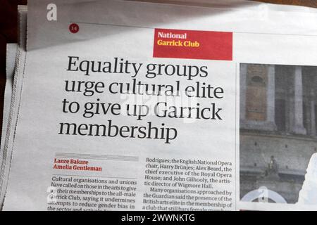 'Equality groups urge cultural elite to give up Garrick (Club) membership' Guardian newspaper headline 23 March 2024 London England UK Stock Photo