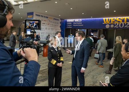 SAN DIEGO (Feb. 13, 2024) – Chief of Naval Operations Adm. Lisa Franchetti interviews with Xavier Vavasseur, Naval News, at WEST 2024, Feb. 13. Co-sponsored by AFCEA International and the U.S. Naval Institute, WEST 2024 is the premier naval conference and exposition on the West Coast, bringing military and industry leaders together.  Navy Stock Photo