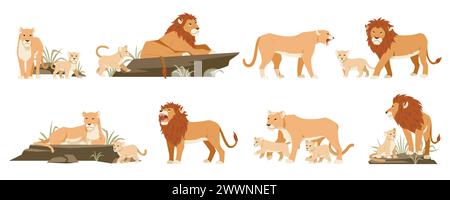 Cartoon lions. Cute lionesses and cubs, wild animals, jungle predators of feline family in different poses, pride in savannah, king of beasts, zoo par Stock Vector