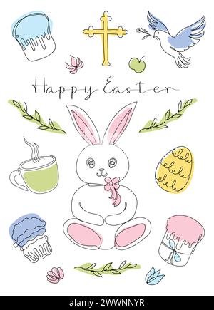 Easter Set in continuous one line style with design elements like bunny, eggs, dove, candle, cross, Easter cake, mug, flowers. Colored vector on white. Clipart. Easter card with Happy Easter greeting. Stock Vector